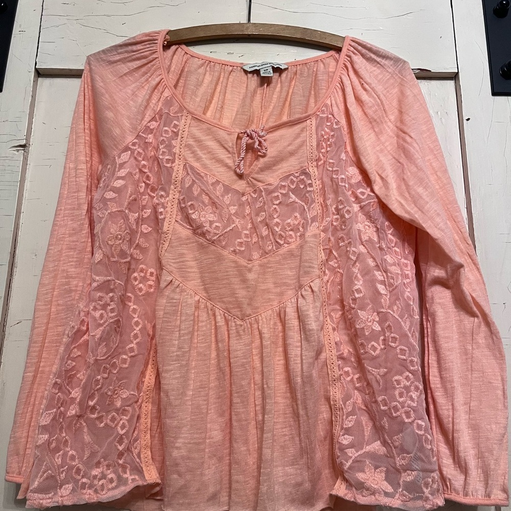 American Eagle Outfitters Peach Embroidered Blouse
